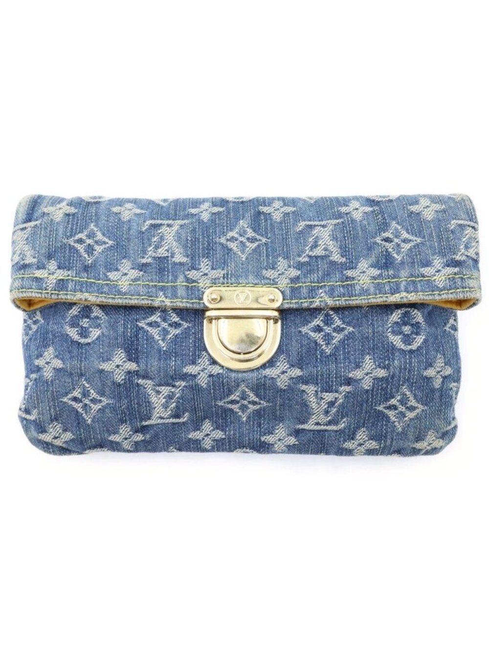 Louis Vuitton Monogram Denim Pochette Plat Clutch Mini Pouch Indigo Blue Gold